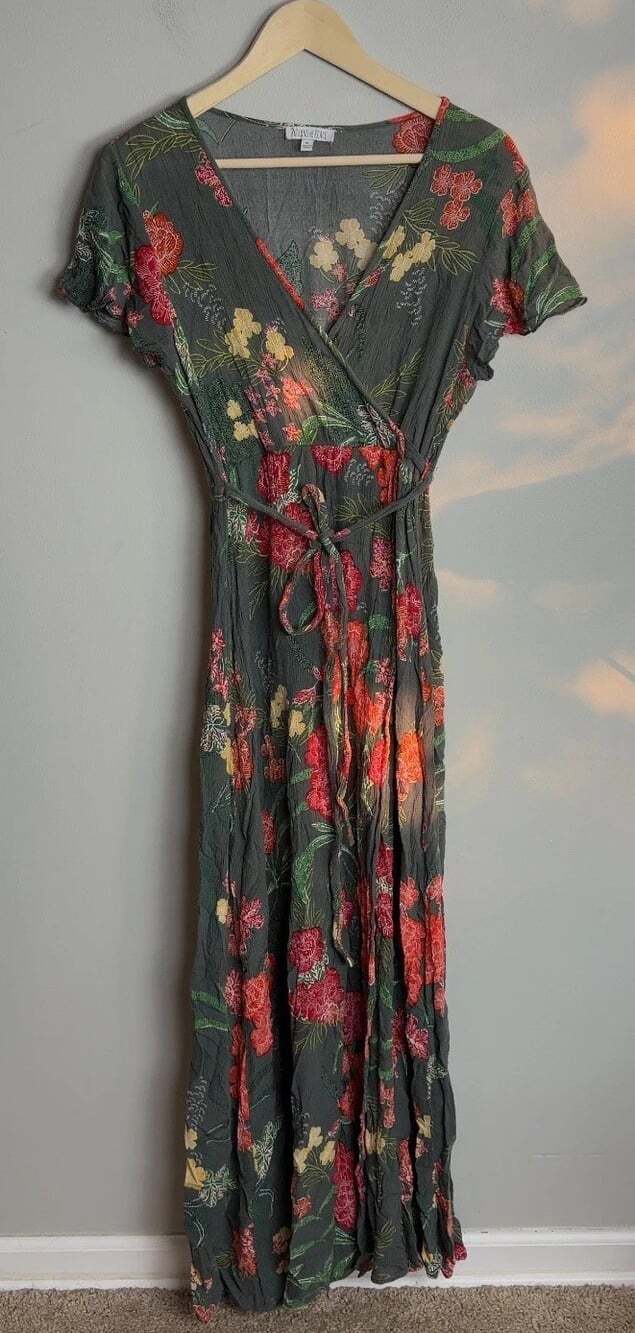 Patrons of Peace Floral Wrap Maxi Dress Size Medium Rayon Short Sleeve Women’s